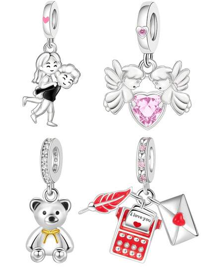 1pc Fashionable Romantic Couple Series Angel, Boy Carrying Girl, Teddy Bear, Love Letter Beaded Pendant Charm, Sweet Creative Versatile DIY Bracelet Necklace Gift