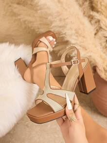 Giày sandal cao gót nữ mùa xuân/hè, thiết kế quai chữ T phối màu, gót cao màu nâu thoải mái với mũi vuông, đế dày, hở mũi, khóa cài, gót chunky, đa năng cho các dịp thường ngày, dự tiệc và thanh lịch. - màu nâu - Xem 5