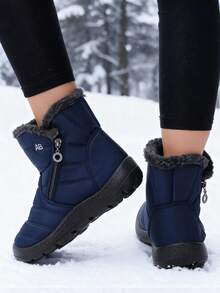 Bottes de neige épaisses et courtes pour femmes, bottes d'hiver chaudes et moelleuses à bout rond, grande taille, avec fermeture éclair latérale, bottes noires pour l'extérieur, tailles 36-44 - Bleu azur - Voir 4
