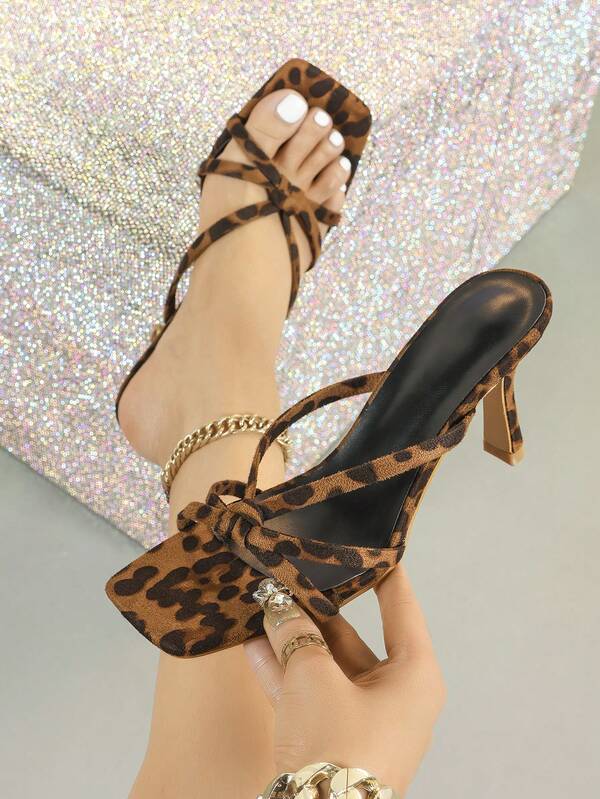Sandales mules à talons stilettos à bout carré imprimé léopard, sandales à glissière à talons stilettos à bout carré imprimé léopard, sandales à talons hauts imprimé léopard, convenant pour les fêtes, les vacances, les déplacements, polyvalentes avec des robes, sandales à talons hauts légères et confortables pour l'été