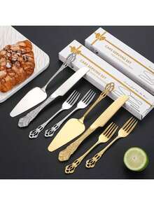 2/3/4 Pieces Set Stainless Steel Cake Cutlery Set With Floral Handle, Professional Cake Cutting Tool, Wedding Gift - Multicolor - View 3