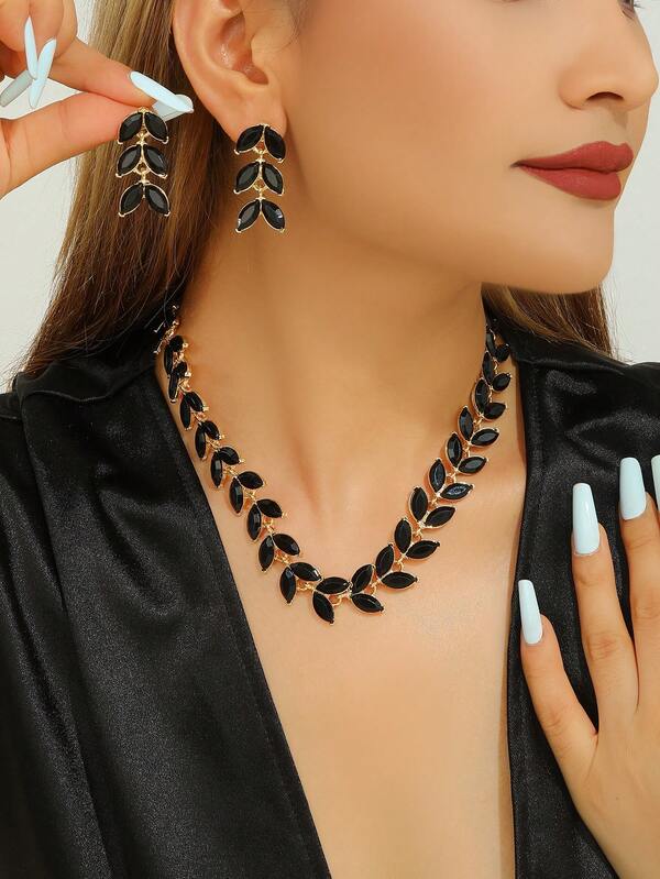 3pcs Black Horse Eye & Leaf Design Jewelry Set - Earrings & Necklace, Fashion Accessories