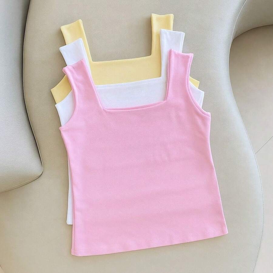 Kit Of 3 Women's Blouses, Square Neckline, Straight, Casual Tank Top, Black, White, Nude - Hồng-Trắng-Vàng - Xem 1