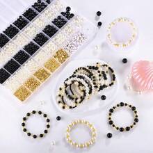 2230pcs Black And White Pearl Beads, 5 Sizes Round Pearls Beads For Jewelry Making Bracelets, Small Black Pearls With Gold Spacer Bead Letter Bead For Crafts Necklaces Earrings DIY,25528913 - 黑色 - 查看 2