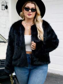 Plus Size Fashionable Faux Fur Vest, Everyday Wear, Autumn/Winter - Black - View 3