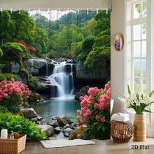1pc Japanese Garden Waterfall Azalea Pond Shower Curtain Tranquil Flowing Water Rich Leaves 70.8x 70.8inch With - Nhiều màu - Xem 3