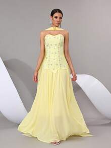 新款女士性感闪亮手工镶钻吊带长裙套装，露背修身长裙，优雅女士正式晚宴、婚礼、节日派对套装 - 黃色 - 查看 3