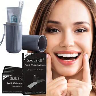 2 件便携式牙刷和牙膏收纳盒 + 黑色牙齿美白贴，适合旅行、牙刷收纳、日常携带