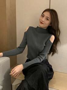 女款純色圓領修身針織露肩長袖修身套頭毛衣 百搭款 - 深灰色 - 查看 7