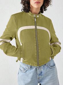 Women's Faux Leather Jackets Zip Up Stand Collar Cropped Viral Must-Have PU Coats Christmas Gift & New Year Gift - 綠色 - 查看 3