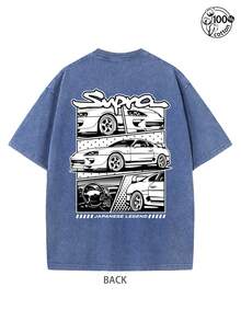 Supra Car Pattern Printing; Cool, Men's Fall Clothes,Retro Washed T-Shirt With Double-Sided Printed (230G Pure Cotton T-Shirt); Regular Fit, Comfortable And Stylish, Graphic Tee,Casual Wear With Design, Streetwear For Men, Unisex - 寶藍色 - 查看 2