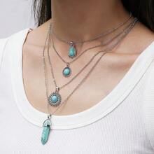 Turquoise Bohemian Style White And Green Flower Necklace - Sku9435 - View 13