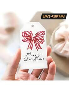 48pcs Christmas Elegant Watercolor Bow Christmas Gift Tags – Red/White Striped, Blank Cursive-Friendly Paper, With Hemp Rope | For Holiday Gift Wrapping, Gift Exchanges, Party Decor & Christmas Card Crafts - Multicolor - View 6