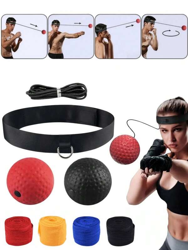 5 piezas Equipo de bolas de boxeo para adultos, bolas de entrenamiento de boxeo para ejercitar la coordinación mano-ojo, bolas de boxeo para dormitorio y sala de estar, vendas de boxeo, correa deportiva, protectores de mano con guantes elásticos