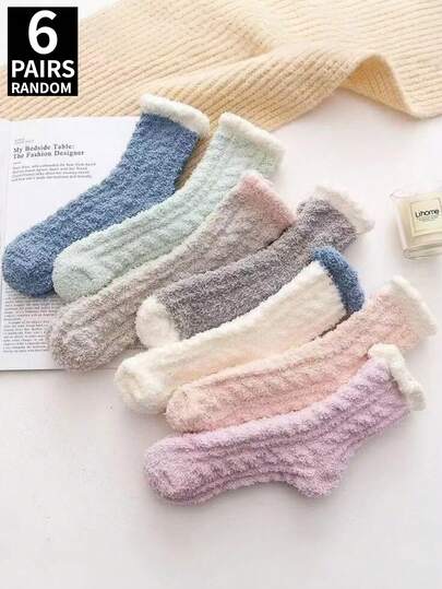 1/6 paires de chaussettes en polaire de corail aléatoires, chaussettes de pantoufle épaissies et chaudes, chaussettes de sommeil pour femmes, nouveaux articles pour l'automne/l'hiver