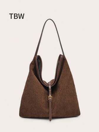 女士纯色灯芯绒托特包，配 PU 皮革肩带，容量大，复古时尚，适合秋冬外出