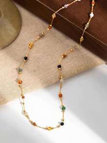 Nooxian 1 buah Kalung Wanita, Kalung Buatan Tangan dari Baja Tahan Karat dengan Manik-Manik Batu Alam Campuran Warna Acak, Aksesori Penumpukan Sehari-hari (Warna & Jumlah Manik-Manik Acak, Tanpa Kotak Hadiah) - Yellow Gold - View 5