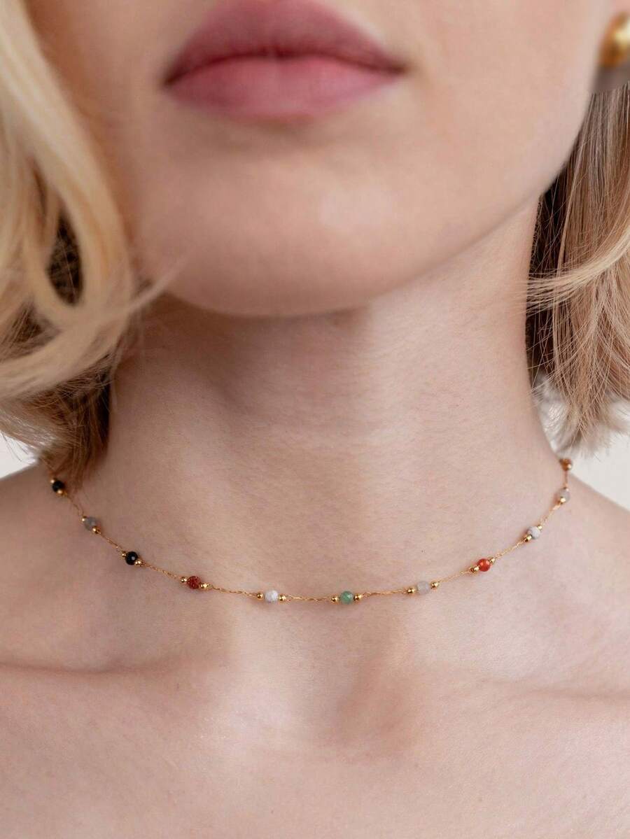 Nooxian 1 buah Kalung Wanita, Kalung Buatan Tangan dari Baja Tahan Karat dengan Manik-Manik Batu Alam Campuran Warna Acak, Aksesori Penumpukan Sehari-hari (Warna & Jumlah Manik-Manik Acak, Tanpa Kotak Hadiah)
