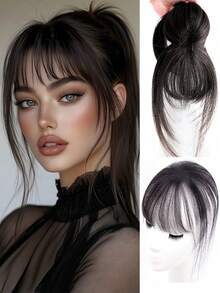 棕黑色夹式刘海接发假发合成假发细刘海发夹刘海带鬓角假发弧形刘海