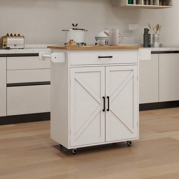 Carrello da cucina con ruote, ante doppie, ripiani regolabili, portasciugamani e portaspezie, piano in legno di caucciù, bianco. Adatto a cucine e sale da pranzo.
