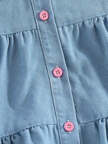 女童时尚牛仔连衣裙，2025 春夏新款韩版可爱蝴蝶结装饰长袖翻领全开膝蛋糕裙，蓝色 - 淺色水洗藍 - 查看 6