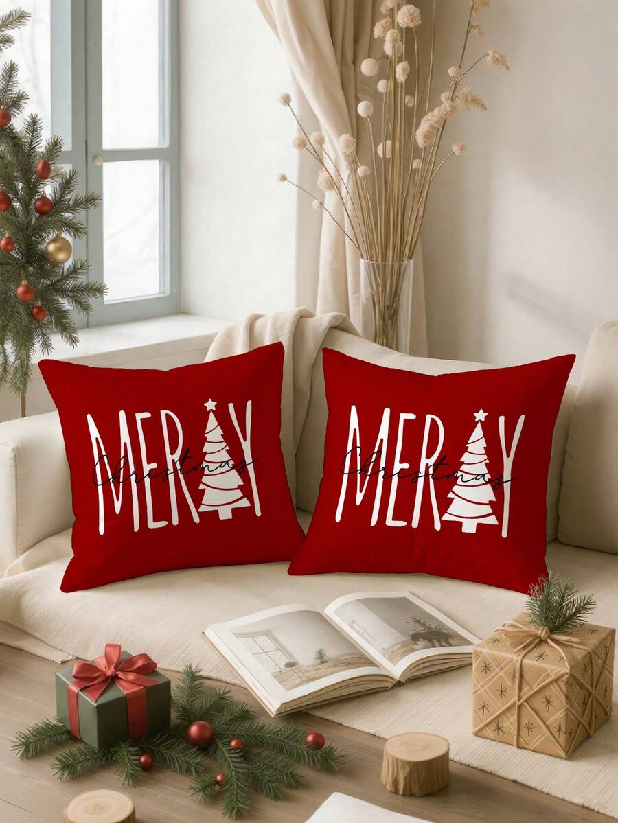 2pcs Christmas Candy Series Polyester Plush Pillow Case, Sofa Cushion Cover
