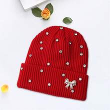 Women Knitted Hat, Bow Pearls Shiny Rhinestones Soft Crochet Hat Warm Winter Cap For Indoor Outdoor - Red - View 4