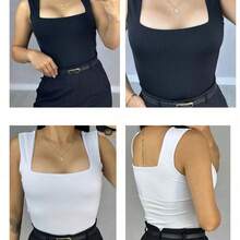 Kit Of 3 Women's Blouses, Square Neckline, Straight, Casual Tank Top, Black, White, Nude - 軍綠-白-黑 - 查看 2