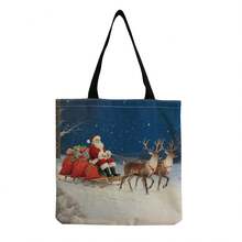 Vintage Christmas Print Tote Bag, Portable Travel Beach Bag, Large Capacity Fashion Casual Versatile Handbag, Santa Claus Reindeer Sleigh Pattern, Daily Commute Canvas Bag, Reusable Shopping Bag, Christmas Lover Gift