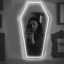 1pc Coffin-Shaped Mirror Neon Light, Size: 42.4cm/16.7in*23cm/9in. Unique Coffin-Shaped Mirror Neon Light Creates A Mysterious Atmosphere, Suitable For Personalized Space Decoration. USB Powered With Dimming Switch, Applicable For Bedroom, Studio And Holiday Party Setup. - A - View 3