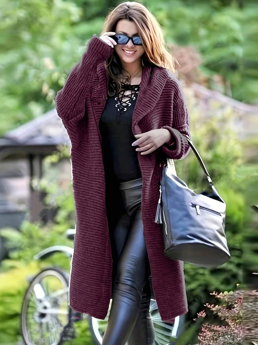 Women's Winter Coats, Women's Tops, Plus Size Cardigan, Fondi Solid Hooded Button Front Cardigan, Casual Long Sleeve Cardigan For Fall & Winter, Women's Clothing, Loose Knit Sweater For Women In Autumn/Winter, Solid Ribbed Knit Cardigan For Women, Resort Wear In Autumn/Winter, Women's Winter Clothing - 酒紅色 - 查看 1