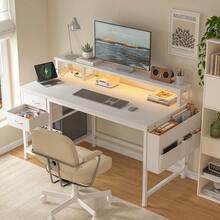 EnHomee 40" Home Office Desk With Power Outlets & LED Strip And Monitor Stand Computer Desk With Drawers & Storage Bag For Small Space,White - Xem 8