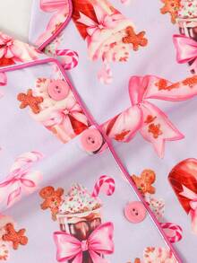 2pcs/Set Girls & Teens Casual Bow & Ice Cream Print Lapel Long Sleeve Cardigan And Pants Pajama Set, Flame Retardant, Suitable For Christmas And All Seasons - Purple - View 5