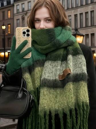 1pc Women's Colorful Striped Tassel Faux Cashmere Scarf, New Autumn/Winter Faux Cashmere Warm Long Scarf, Soft Comfortable Warm Large Shawl, Elegant Versatile For Indoor And Outdoor Wear