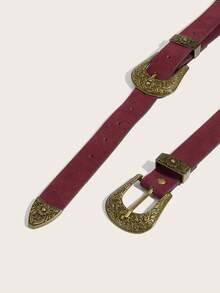 1条时尚复古西部风格双扣腰带 - 酒紅色 - 查看 4