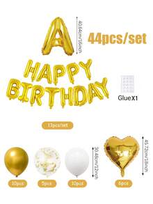 44pcs 16-Inch Gold Happy Birthday Letter Foil Balloon Set, Includes Gold & White Latex Balloons And Heart Foil Balloons, English Happy Birthday Letter Decoration, Party Scene Decor, Happy Birthday, Gold Champagne Balloons, Home Party Background Decor, New Year, Graduation, Birthday Party Decoration