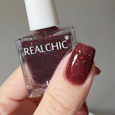 REALCHIC 10毫升/瓶，深红色反光闪粉水性指甲油，快干，持久，可撕拉，适合女性和女孩的美甲艺术，新年礼物