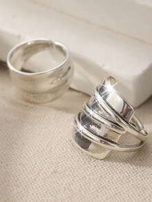 2pcs Classic & Simple Vintage Rings, Layered Party Jewelry, Elegant Daily Style Rings Designed For Women - Silver - View 2