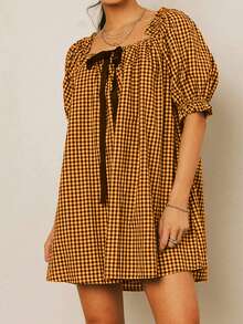 Puff Sleeve Babydoll Mini Dress Square Neck Floral Bubble Sleeve Short Dress Womens Cute Polka Pot Micro Dresses Y2k - Yellow - View 2