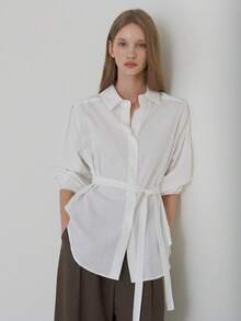 Women's White Polyester Blouse, Asymmetric Waist Belt Design, Knotted Detail, Loose Fit Long Style - White - View 10