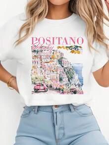 Una Camiseta Cómoda de Manga Corta y Cuello Redondo con un Estampado de la Italiana, Hecha de Tela Suave, Perfecta para el Uso Diario - Blanco - Ver 2