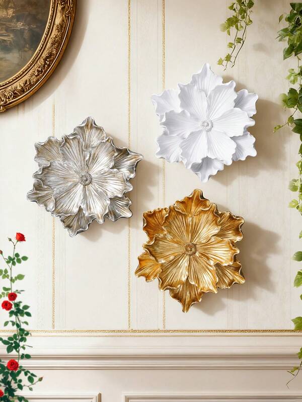 1pc European Baroque Style 3D Lotus Flower Wall Decor, Resin Material With Gold & Silver Foil Surface, Wall Art Flower Hanging Ornament, Suitable For Home, Hotel, Holiday Party, Photography Prop