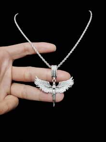 1pc Cubic Zirconia Angel Shaped Pendant & 1pc Stainless Steel Twisted Chain Necklace, Unisex Hip Hop Punk Pendant Necklace, Fashionable Vintage Jewelry, Suitable For Daily Wear Or Parties, Gift For Valentine - Yellow Gold - View 8