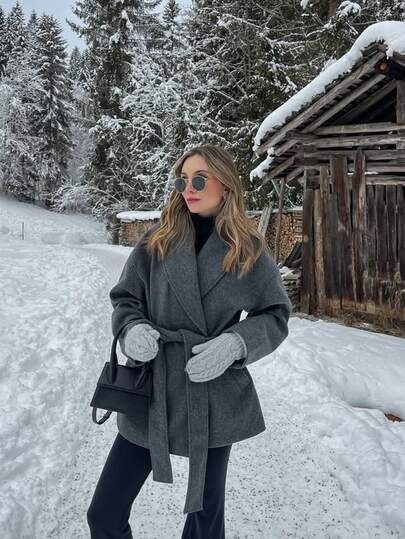 Women's Fashion Gray Long Sleeve Regular Length Overcoat With Pockets, Suitable For Winter And Autumn Seasons Elegant Women's Shawl Collar Wrap Coat, Woven Fabric, Long Sleeve, With Pockets, For Stylish Winter Looks