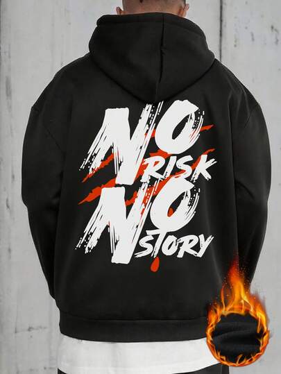  Zrgoth 男士“No Risk No Story”标语印花保暖连帽衫，美式街头风格，秋冬款