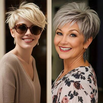 短款精灵短发假发，带刘海 - 直巴西真人发，适合日常佩戴，日常发饰，玫瑰网帽，女士短发假发