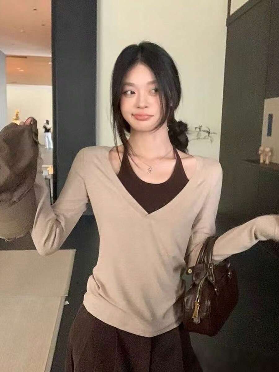 新款韩版露背假分体长袖T恤，绝佳打底衫，女士春季针织T恤 - 咖啡棕 - 查看 1