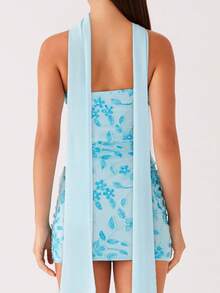 Women Summer Mini Bandeau Dress Sleeveless Off Shoulder Flower Embroidery Tube Top Dress With Scarf - Baby Blue - View 2