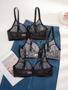 3pcs Women Plus Size Solid Color, Strawberry & Leopard Print Padded Bras - Multicolor - View 2