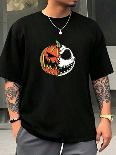 Camiseta de Nightmare Before Pumpkin Face % Algodón Verano Camisetas de Manga Corta para Hombre Cómoda y Transpirable